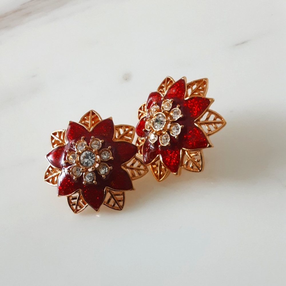 VTG AVON RED ENAMEL FESTIVE SPARKLE POST EARRINGS - Picture 3 of 4